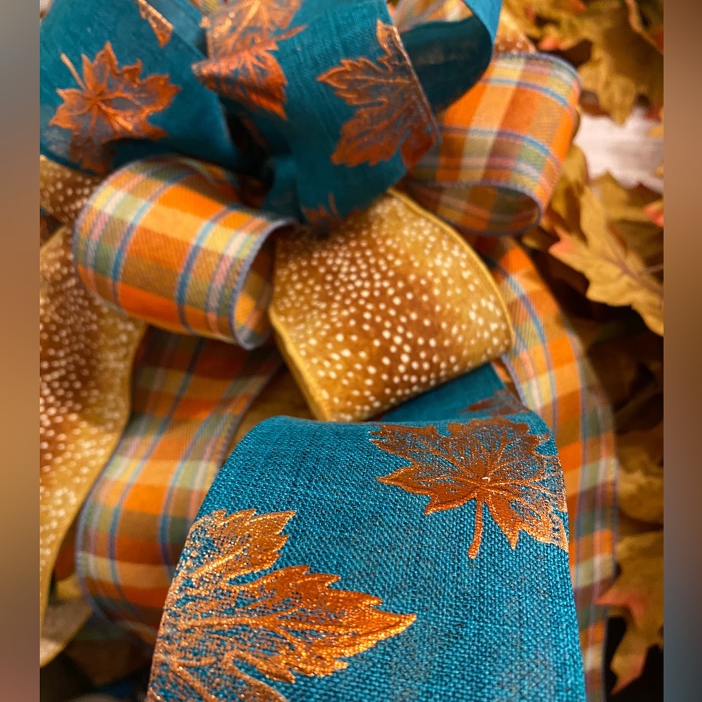 Fall Bow Gold Fawn Teal and Orange Leaf Pattern